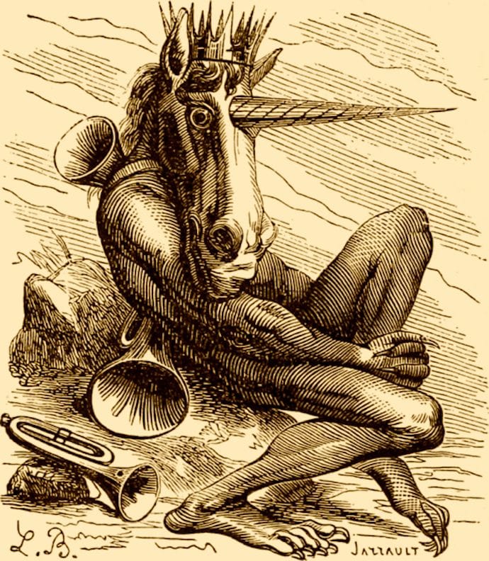 An ancient engraving of a demon in the form of a naked man with a unicorn's head.